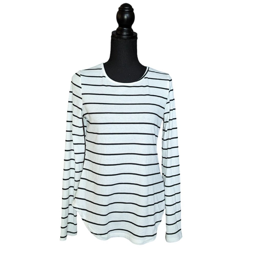 Shein Long Sleeve White Top with Thin Black Stripes
